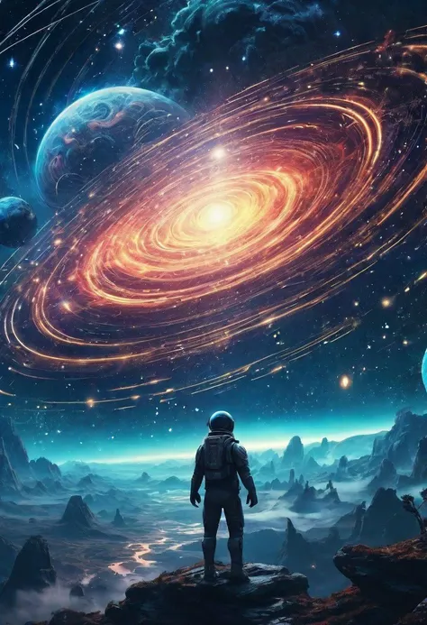 A breathtaking blend of Sebastien Hue's signature style and awe-inspiring sci-fi posters, showcasing an extravagant universe where intricate patterns form hypnotic constellations of light amidst swirling nebulae