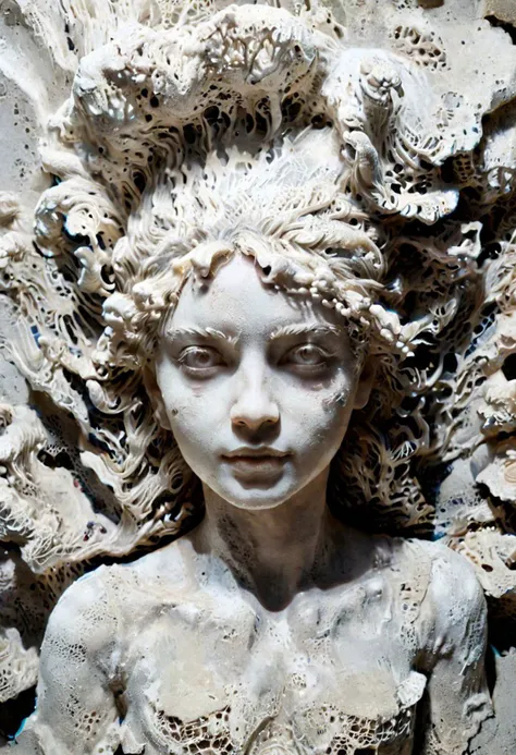 rough concrete, mushroomz, ral-mycelium, transluscent cement sculpture by Bernini of a young woman, subsurface scattering, intricate details, backlighting, mirrored imagery