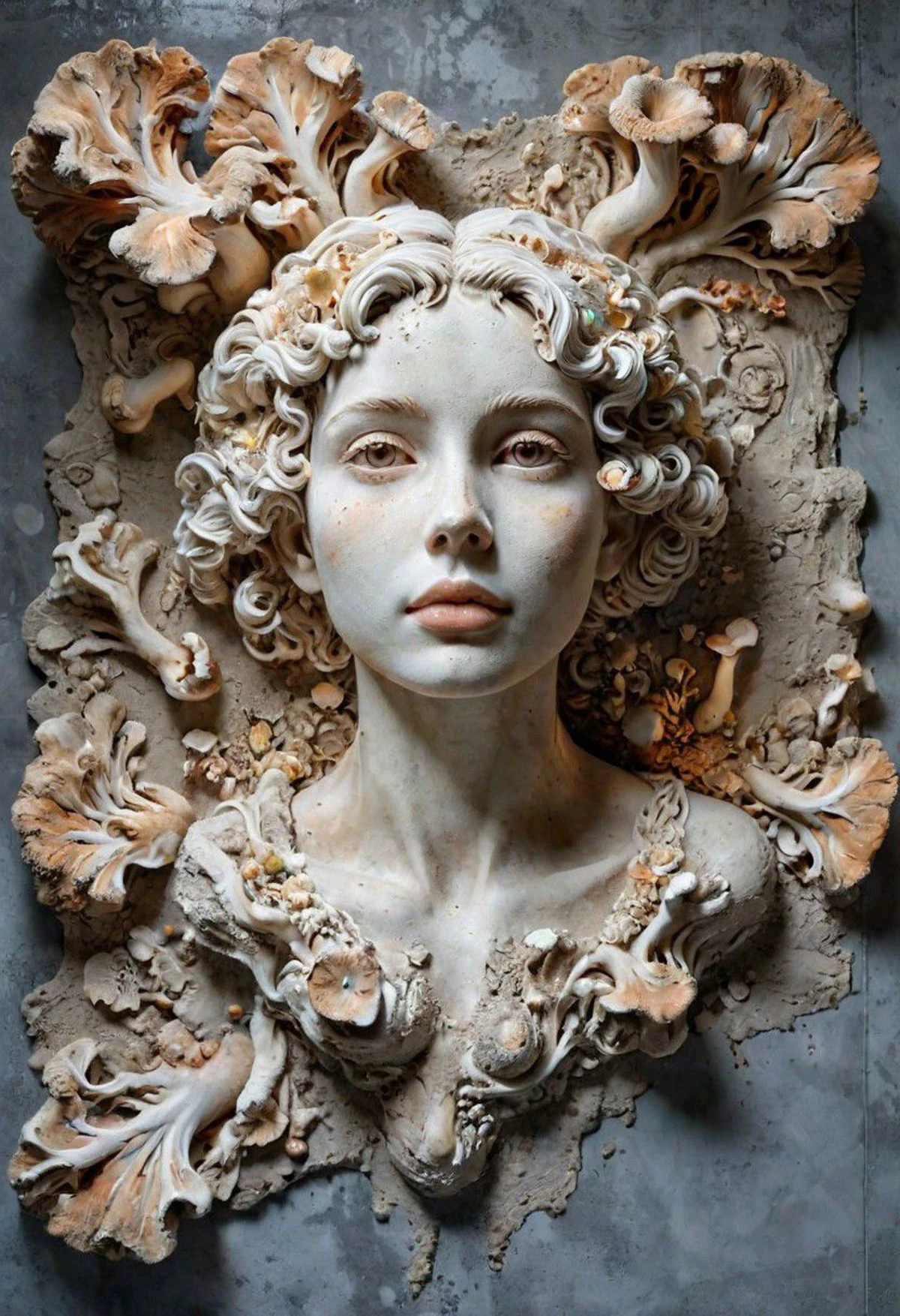 colorful, large flat cement concrete texture, intricate details, hyper-realistic, ral-mycelium, a young woman sculpted by Bernini, transluscency, subsurface scattering, mirrored imagery