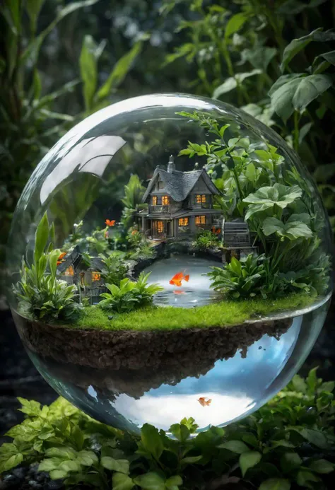 A crystal clear glass ball containing a complete little village and some goldfish swimming through plants in water, hdr ultra realistic.