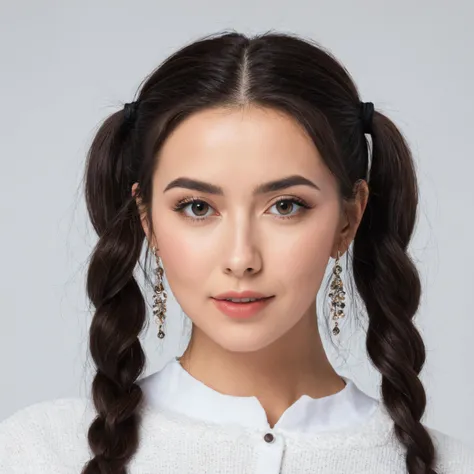 photoshoot, cute woman, white background. , Cyra from Iran, long pigtails [reddish-black:.3] hair
