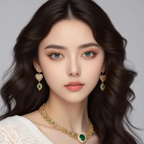 looking at the camera, choker, (upper body:1.5), detailed face, detailed eyes,, (masterpiece, high quality, best quality:1.3), Detailed, 25 year old girl, almond eyes, green eyes, long hair, curly hair, eye shadow makeup, 162cm tall, oval face, snub nose, heart-shaped lips, arched eyebrows, Extremely high-resolution details, photographic, realism pushed to extreme, fine texture, incredibly lifelike, 8k