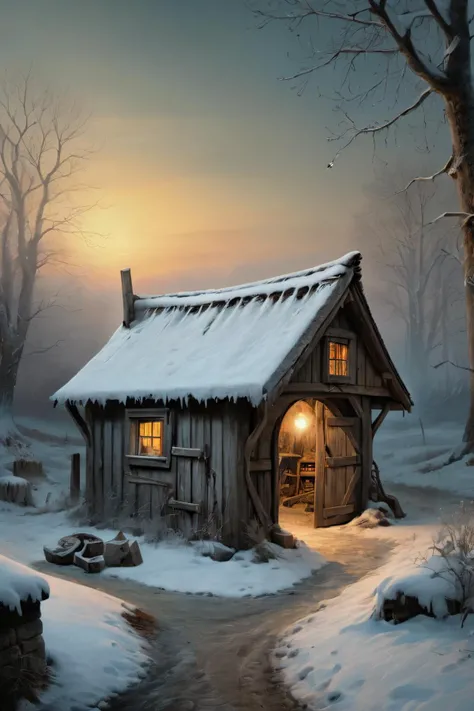 fantasy art stylized by Terese Nielsen and Jan Brueghel the Elder, landscape of a 1600'S (Tool shed:1.1) , dungeon, at Dawn, Evil, Icepunk, spotlit, Circular polarizer