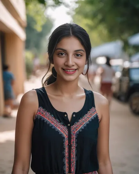 cinematic photo of 1girl,woman,mj,photo RAW,Indian,((25 years old))black hairs,round face,short height,(light smile:0.5),((looking at camera)),outdoor summer afternoon,kurti sundress outfit,(minimal,happy,vibrant),<lora:ReaLora:0.6>,35mm photograph,film,bokeh,professional,4k,highly detailed,