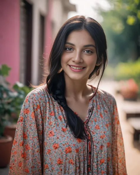 cinematic photo of 1girl,woman,mj,photo RAW,Indian,((25 years old))black hairs,round face,short height,(light smile:0.5),((looking at camera)),outdoor summer afternoon,kurti sundress outfit,(minimal,happy,vibrant),<lora:ReaLora:0.6>,35mm photograph,film,bokeh,professional,4k,highly detailed,