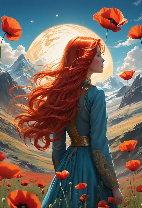 A mesmerizing, anime-inspired illustration captures a woman with fiery red hair, standing tall amidst a serene landscape. Her back is turned towards the viewer, adding an enigmatic touch. Her hair billows dramatically, creating a captivating, dynamic effect as it whips in the breeze. Surrounding her are vibrant red poppies, gracefully swaying in sync with the wind.
In the distance, an intriguing exoplanet beckons, its pale blue atmosphere and swirling clouds drawing the eye. A vibrant, light blue sun casts a warm, golden glow on the scene, highlighting the exquisite details. The composition masterfully combines realistic and anime elements, while incorporating a touch of science fiction. This visually stunning image invites viewers to explore the mysterious world, evoking a sense of wonder and awe.