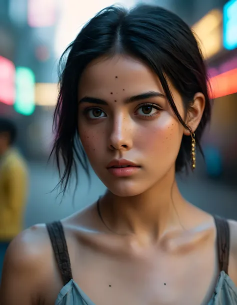 android afghan girl photography by Steve McCurry in cyberpunk style,cyberpunk urban scenery,150mm,dlrs,robotic parts,beautiful neon soft light,bioluminescent tattoos,vibrant details,explicit soft mist,beautiful masterwork by head of prompt engineering . 4k, highly detailed. skin imperfections, freckles, detailed skin texture, natural skin texture, detailed cloth texture, beautiful detailed perfect face, perfect face, (high quality, best quality:1.3), Extremely high-resolution, photographic, lifelike, 8k, photo-realistic, amateur photo, UHD, cinestill 800 tungsten , cinematic photography by sofia coppola, Nikon D850 film stock photograph Kodak Portra 400 camera f1.6 lens