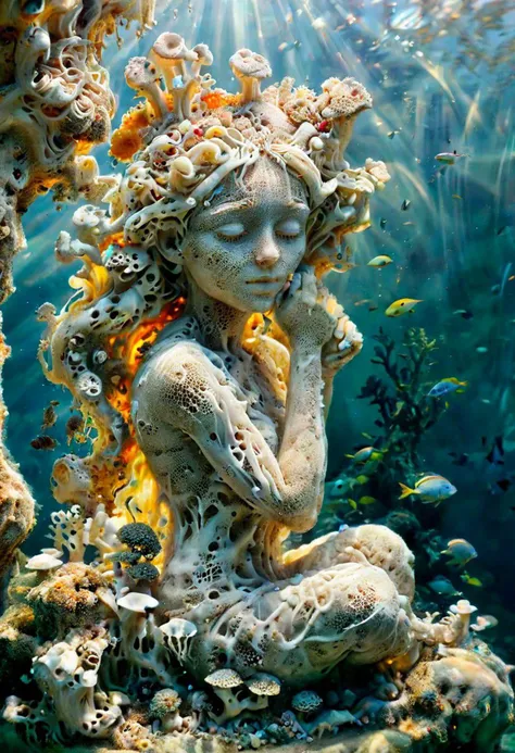 a carefully constricted creativity,
a fierce funky folly,
a gorgeous gaze at glory,
transluscent petrified wood scuplture of a shy young woman by Bernini, ral-mycelium, mushroomz, coral reef, tropical exotic fishes, (underwater:1.2), under water, (caustic:1.5) effect, (sunlight:1.5)