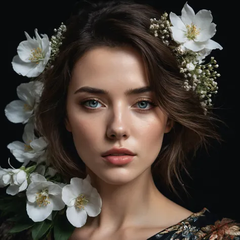 photoshoot, black background. portrait of a unique breathtaking and beautiful woman face close-up, stunning detail, hyper detailed eyes, detailed skin with a flawless texture delicate and refined, smooth hair elegantly draped around her neck, subtle freckles on her nose, fullness of her lips, covered with flowers, captured in masterful composition, lighting accentuate her natural beauty, gentle shadows and highlights, incredible skill and attention to detail, nuance and detail, supersharp focus, Carne Griffiths, Conrad Roset, annie leibovitz, hyperdetailed, soft light, sharp, Hasselblad masterclass, looks at viewer, cinematic shot, hard shadows, RAW candid cinema, 16mm, color graded portra 400 film,  high detail, award winning masterpiece with incredible details . highly detailed, remarkable color, ultra realistic, textured skin, remarkable detailed pupils, realistic dull skin noise, visible skin detail, skin fuzz, dry skin, shot with cinematic camera, Rosie from England, short bob-cut [nearly black:.3] hair