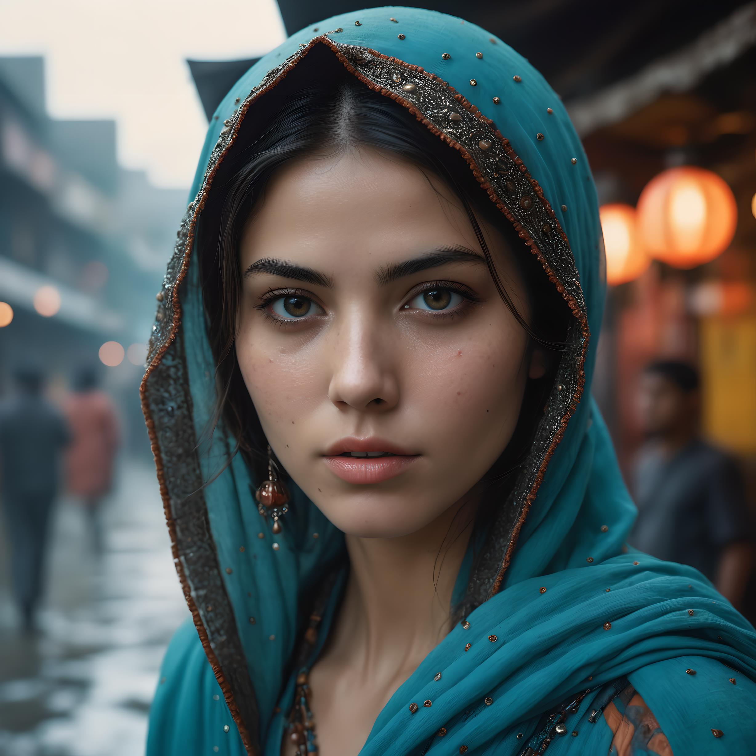 A woman in a blue sari is standing in the rain - SeaArt AI