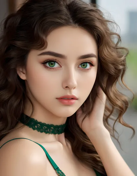 looking at the camera, choker, (upper body:1.5), detailed face, detailed eyes,, (masterpiece, high quality, best quality:1.3), Detailed, 25 year old girl, almond eyes, green eyes, long hair, curly hair, eye shadow makeup, 162cm tall, oval face, snub nose, heart-shaped lips, arched eyebrows, Extremely high-resolution details, photographic, realism pushed to extreme, fine texture, incredibly lifelike, 8k