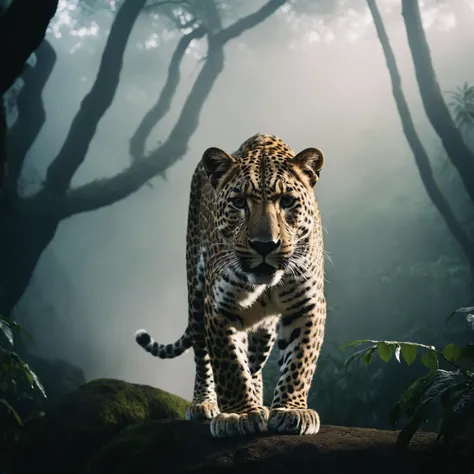 breathtaking 135mm IMAX cinematic shot, award winning wildlife medium shot, close-up action shot of a gigantic majestic leopard, (intense threatening look:1.4), (lush foggy jungle), muted palette, minimalist black and white, cloudcore, minimalist landscapes, meticulously crafted scene, (cinematic dusk backlight:1.4), no-humans, (analog:1.3), specular lighting, (wide shot:1.2), F/5, (cinematic still:1.2), 35mm photograph, film, professional, sharp focus, F/5, 35mm photograph, film, professional, photographic, editorial photograph, hyperdetailed photography, natural lighting, film grain, photography, (photorealistic:1.4), dslr, f2, 16mm, 50mm, 35mm, Kodak UltraMax 400, Fujifilm Superia Premium 400, Nikon D850 film stock photograph, Kodak Portra 400 f1.6 lens, 1/80s, f/2.8, ISO 100, Dramatic, Atmospheric, 8k, UHD, color graded portra 400 film, analog raw photo, amateur photo, film stock photograph, photorealism, amazing fine detail, absurdres, lifelike