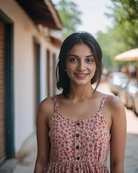 cinematic photo of 1girl,woman,mj,photo RAW,Indian,((25 years old))black hairs,round face,short height,(light smile:0.5),((looking at camera)),outdoor summer afternoon,kurti sundress outfit,(minimal,happy,vibrant),<lora:ReaLora:0.6>,35mm photograph,film,bokeh,professional,4k,highly detailed,
