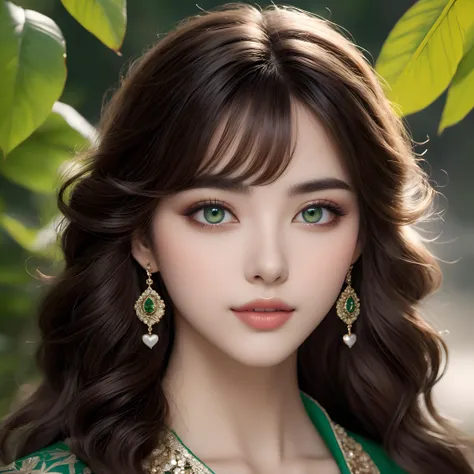 looking at the camera, choker, (upper body:1.5), detailed face, detailed eyes,, (masterpiece, high quality, best quality:1.3), Detailed, 25 year old girl, almond eyes, green eyes, long hair, curly hair, eye shadow makeup, 162cm tall, oval face, snub nose, heart-shaped lips, arched eyebrows, Extremely high-resolution details, photographic, realism pushed to extreme, fine texture, incredibly lifelike, 8k