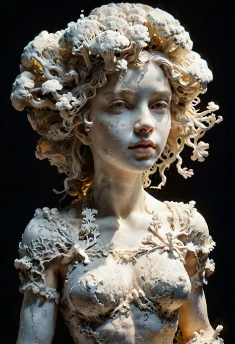 rough concrete, mushroomz, ral-mycelium, transluscent cement sculpture by Bernini of a young woman, subsurface scattering, intricate details, backlighting, mirrored imagery