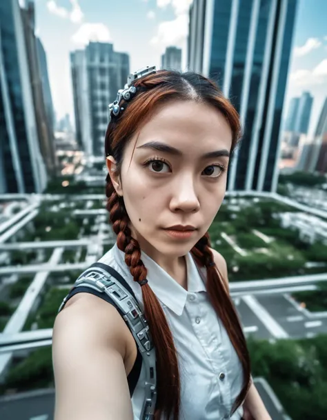beautiful woman with ((pigtails)) at a futuristic AI-controlled mega-city, extremely intricate details, majestically strides forward toward us with abandon (high angle:1.1) (close-up:1.4) selfie, shot on Sony A1 with Sony FE 20mm f-1.8 G photo by Harry Benson