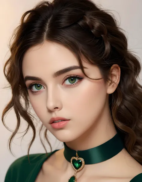 looking at the camera, choker, (upper body:1.5), detailed face, detailed eyes,, (masterpiece, high quality, best quality:1.3), Detailed, 25 year old girl, almond eyes, green eyes, long hair, curly hair, eye shadow makeup, 162cm tall, oval face, snub nose, heart-shaped lips, arched eyebrows, Extremely high-resolution details, photographic, realism pushed to extreme, fine texture, incredibly lifelike, 8k