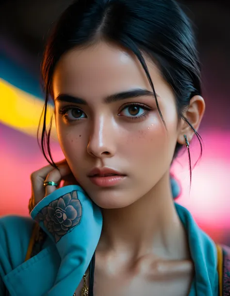 android afghan girl photography by Steve McCurry in cyberpunk style,cyberpunk urban scenery,150mm,dlrs,robotic parts,beautiful neon soft light,bioluminescent tattoos,vibrant details,explicit soft mist,beautiful masterwork by head of prompt engineering . 4k, highly detailed. skin imperfections, freckles, detailed skin texture, natural skin texture, detailed cloth texture, beautiful detailed perfect face, perfect face, (high quality, best quality:1.3), Extremely high-resolution, photographic, lifelike, 8k, photo-realistic, amateur photo, UHD, cinestill 800 tungsten , cinematic photography by sofia coppola, Nikon D850 film stock photograph Kodak Portra 400 camera f1.6 lens