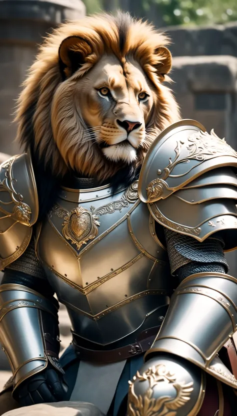 a lion in armor poses for a picture, cinematic close shot