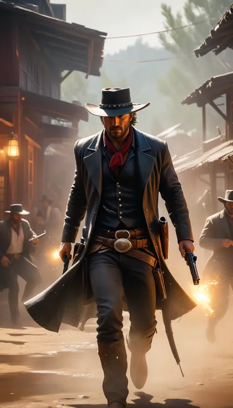 Intricate dynamic action shot of cowboy in a shootout, cinematic Steve Henderson Fabian Perez Henry Asencio Jeremy Mann Marc Simonetti Fantasy, red dead redemption 2 atmosphere, cinematic, photograph