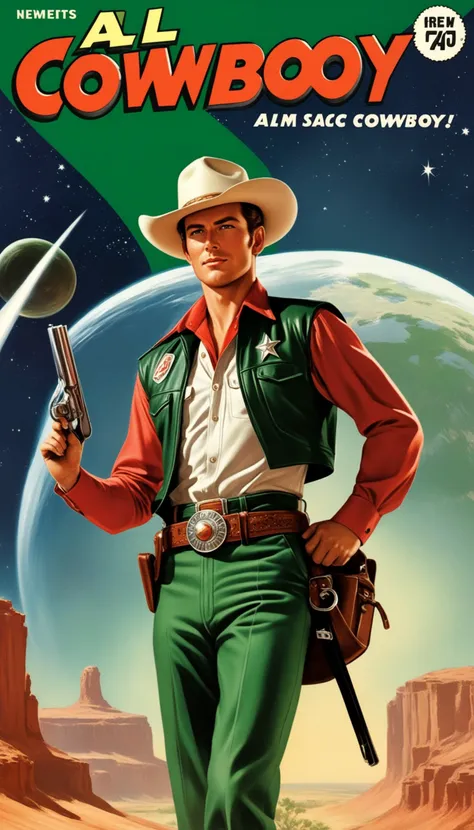 a cover for a comic book, a comic book cover about all space cowboy, 1 cowboy wearing a hat in the style of amazing stories, 1940s 1950s, red and green, comic art, realistic genre scenes, romanticized realism dynamic