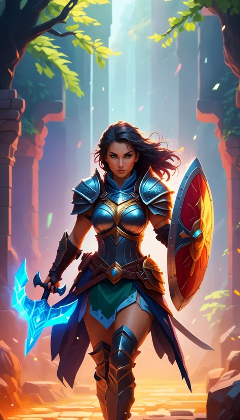 Pixel art of a fierce female warrior with a sword and shield in a fantasy setting, featuring vibrant colors, dynamic lighting, and a dramatic, epic mood