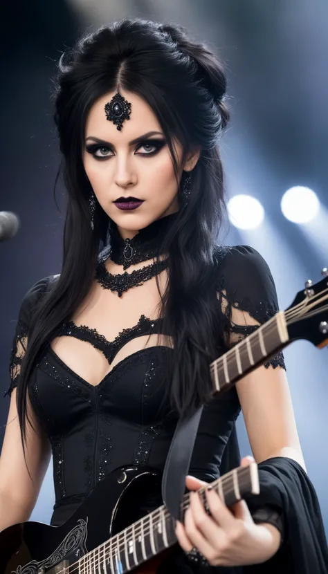 swedish metal rock girl holding a guitar, intense stare into camera, with gothic make-up, intricate details, highly detailed eyes, fancy hair and dark gothic dress, flash photo, on stage, intricate details