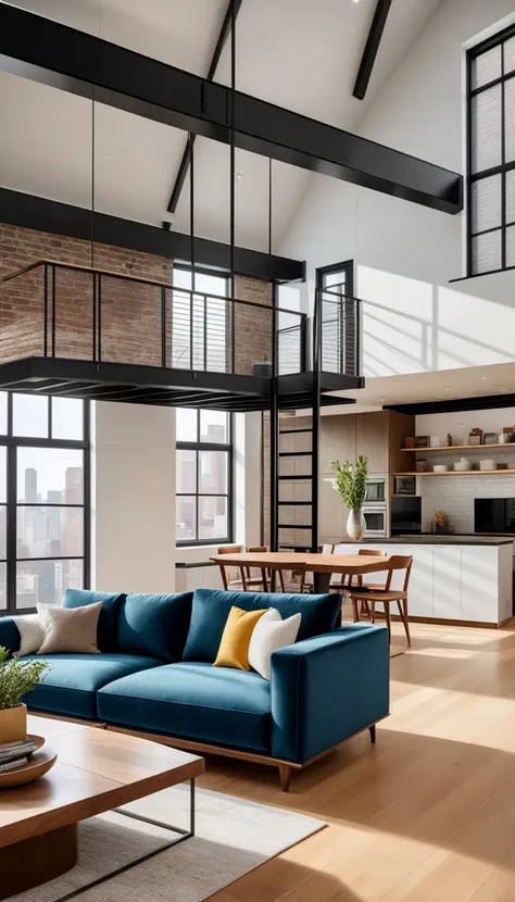 real estate photography style of a modern loft, professional, inviting, well-lit, high-resolution, property-focused, commercial, highly detailed