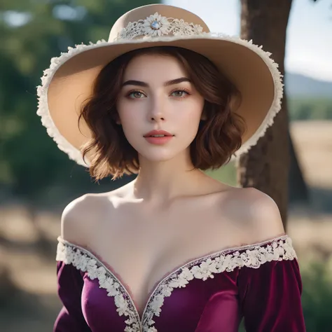 masterpiece, best quality, ultra-detailed, (realistic:0.2), CG, 4k, 8k, illustration, natural lighting, (beautifuly detailed background :1.1), (beautifuly detailed cute), (beautifuly detailed eyes), (beautifuly detailed oily skin,medium breasts :1.1), (glowing eyes:1.2), (Slender:1.2, sexy body line), (1girl, solo), (depth of field, wide shot, cowboy shot:1.3), (stylish face), (asymmetrical Short curly hair), (Velvet Plum hair), russian girl, (victorian dress), (full body), brooch, lace, bodice
. 4k, highly detailed. skin imperfections, freckles, detailed skin texture, natural skin texture, detailed cloth texture, beautiful detailed perfect face, perfect face, (high quality, best quality:1.3), Extremely high-resolution, photographic, lifelike, 8k, photo-realistic, amateur photo, UHD, cinestill 800 tungsten , cinematic photography by sofia coppola, Fujifilm Superia Premium 400, Nikon D850 film stock photograph Kodak Portra 400 camera f1.6 lens, <lora:add_detail:0.25>