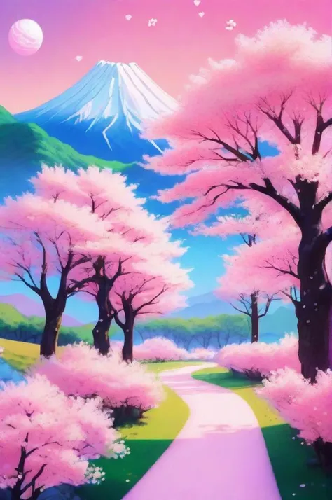 A serene landscape bathed in the soft hues of dawn, featuring a majestic sakura grove with delicate petals dancing in the gentle breeze, ethereal worlds, with vibrant colors and whimsical charm, A winding path leads through the grove, inviting exploration into the heart of nature's beauty, cotton candy flora, vaporwave
,<lora:LCM_LoRA_Weights:1>