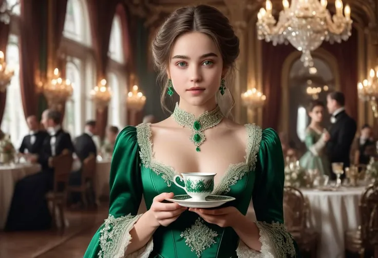 Realistic image of a sophisticated young woman in an opulent Victorian-era ballroom, adorned with an elaborate emerald dress with intricate lace details, holding a delicate porcelain teacup, cinematic composition, trend on ArtStation.