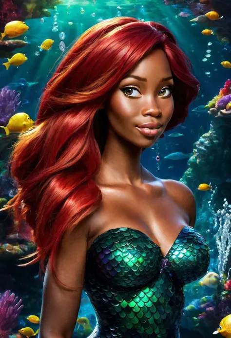 Create a captivating image of Princess Ariel as a black mermaid, showcasing her with rich ebony skin that glows with an enchanting radiance beneath the ocean's light. Imagine her with stunning, fiery red hair, flowing and voluminous, complementing her vibrant personality. Capture the essence of her elegance and grace, celebrating diversity and presenting a breathtaking representation of Princess Ariel as a black mermaid with striking red hair.