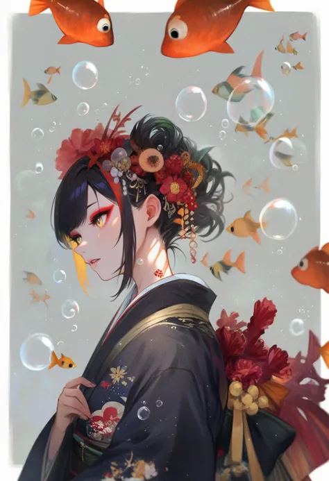 score_9, score_8_up, score_7_up, score_6_up, <lora:RECXL_P6_lokr_V43P1NF:0.95> 1girl, fish, goldfish, black hair, bubble, yellow eyes, solo, makeup, multicolored hair, short hair, japanese clothes, from side, kimono, eyeshadow, koi, red hair, flower, profile, black kimono, streaked hair, upper body, parted lips, air bubble, tattoo, grey background, simple background, red flower, eyeliner, white border