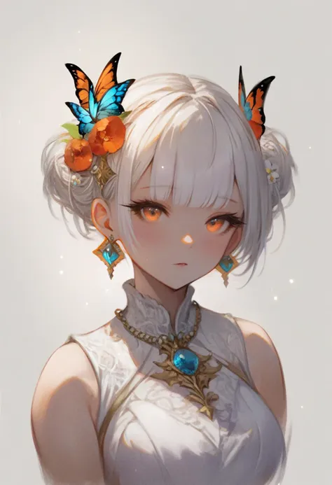 score_9, score_8_up, score_7_up, score_6_up, <lora:RECXL_P6_lokr_V43P1NF:0.95>  1girl, solo, jewelry, hair ornament, short hair, white background, earrings, looking at viewer, simple background, white hair, necklace, sleeveless, hair flower, flower, yellow eyes, portrait, upper body, closed mouth, orange eyes, cropped torso, butterfly hair ornament, blush, blunt bangs, cropped shoulders, gem, bare shoulders, shirt, white shirt, bug, parted lips