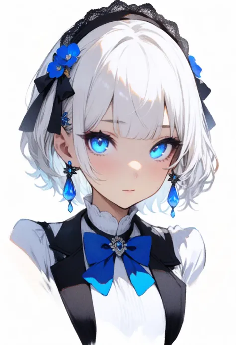 masterpiece, best quality, <lora:RECXL_ANI31_lokr_V43P1NF:0.95>  1girl, solo, flower, hair ornament, hair flower, blue eyes, hairband, jewelry, white hair, earrings, blue flower, looking at viewer, portrait, short hair, bow, closed mouth, white background, black hairband, bowtie, blue bow, simple background, blue bowtie, shirt, white shirt, cropped shoulders, blunt bangs, expressionless