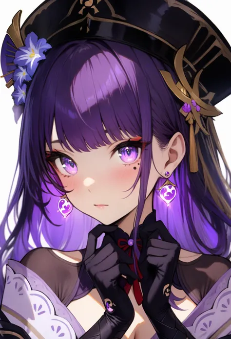 masterpiece, best quality, <lora:RECXL_ANI31_lokr_V43P1NF:0.95> 1girl, solo, flower, jewelry, purple eyes, earrings, purple flower, purple hair, gloves, black gloves, white background, looking at viewer, long hair, simple background, mole under eye, portrait, closed mouth, hat, purple rose, rose, hair ornament, mole, heart, raiden shogun, blunt bangs, black headwear, hands up