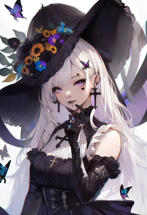 score_9, score_8_up, score_7_up, score_6_up, <lora:RECXL_P6_lokr_V43P1NF:0.95>  1girl, solo, jewelry, gloves, ring, long hair, earrings, looking at viewer, black gloves, purple eyes, white hair, hair ornament, piercing, hat, bug, upper body, ear piercing, butterfly, hairclip, black headwear, elbow gloves, flower, dress, facial tattoo, heart, black flower, white background, smile, mole under mouth, bare shoulders, mole, facial mark, lip piercing, cross earrings, hat flower, black dress, ribbon, purple hair, hand up, frills, parted lips, tattoo, sidelocks, cross, breasts