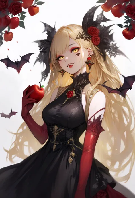 score_9, score_8_up, score_7_up, score_6_up, <lora:RECXL_P6_lokr_V43P1NF:0.95> 1girl, long hair, solo, dress, gloves, yellow eyes, blonde hair, elbow gloves, food, apple, holding, rose, flower, black dress, red flower, smile, looking at viewer, red gloves, fruit, holding food, red rose, sleeveless, bare shoulders, makeup, white background, sleeveless dress, head tilt, hair ornament, eyeshadow, bat hair ornament, breasts, holding fruit, open mouth, very long hair, simple background, vampire, slit pupils, jewelry, facial mark, eyelashes, earrings
