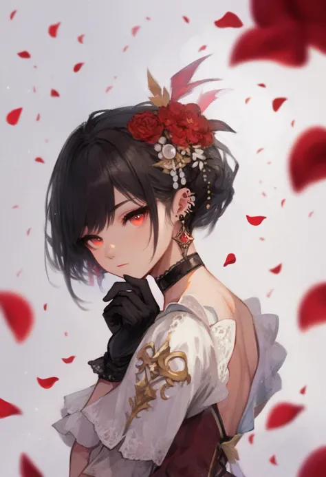 score_9, score_8_up, score_7_up, score_6_up, <lora:RECXL_P6_lokr_V43P1NF:0.95> 1girl, solo, gloves, black hair, flower, petals, black gloves, jewelry, earrings, hair ornament, red eyes, hair flower, choker, red flower, white background, looking at viewer, from side, black choker, closed mouth, simple background, ear piercing, piercing, upper body, hand up, short hair, looking to the side, falling petals, portrait
