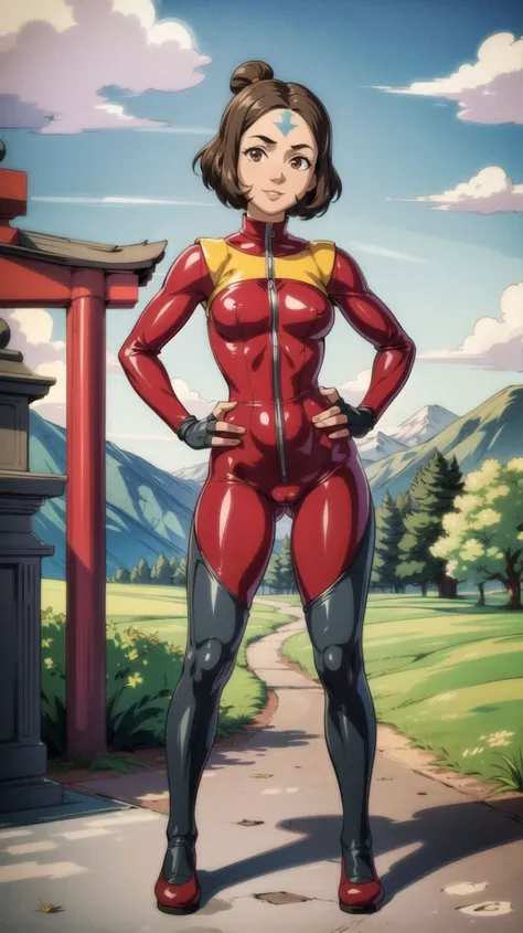 (full body shot, masterpiece, best quality, ultra-detailed, immaculate:1.3),
<lora:j1n0ra:0.8>,j1n0ra,blue-arrow forehead tattoo,arrow \(symbol\),brown eyes,short hair,single_bun,solo,female focus,smile,looking at viewer,yellow collar,red bodysuit,grey sleeves,fingerless gloves,red pants,knee boots,standing,hands on hips,latex bodysuit,shiny,tight,
<lora:add_detail:1>,
(temple, shrine),mountains,cloudy,hills,