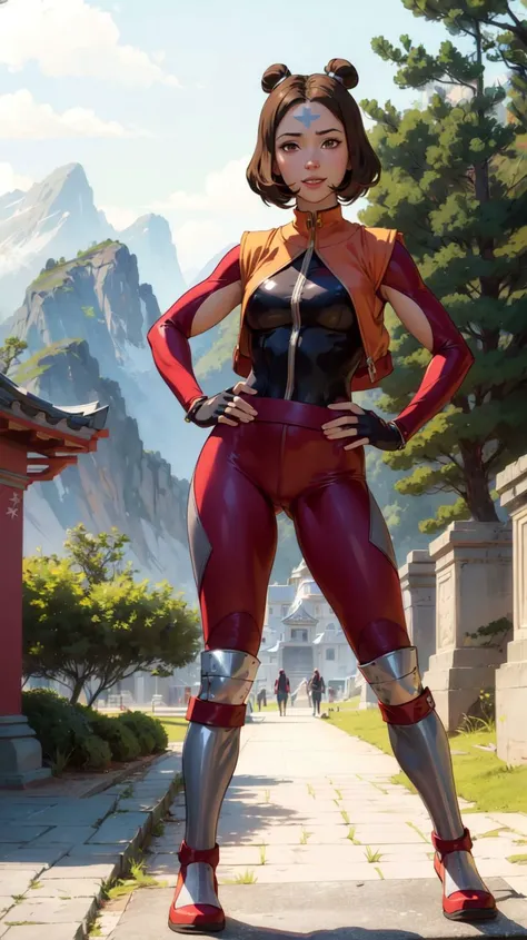 (full body shot, masterpiece, best_quality, ultra-detailed, immaculate:1.3),
BREAK
<lora:j1n0ra:0.8>,j1n0ra,blue-arrow forehead tattoo,arrow \(symbol\),brown eyes,short hair,single_bun,solo,female focus,smile,looking at viewer,yellow collar,red bodysuit,grey sleeves,fingerless gloves,red pants,knee boots,standing,hands on hips,
<lora:detail_slider_v4:0.5>,
BREAK
(temple, shrine),mountains,cloudy,hills,