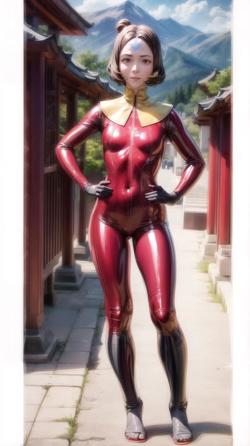 (full body shot, masterpiece, best quality, ultra-detailed, immaculate:1.3),
<lora:j1n0ra:0.8>,j1n0ra,blue-arrow forehead tattoo,arrow \(symbol\),brown eyes,short hair,single_bun,solo,female focus,smile,looking at viewer,yellow collar,red bodysuit,grey sleeves,fingerless gloves,red pants,knee boots,standing,hands on hips,latex bodysuit,shiny,tight,
<lora:add_detail:1>,
(temple, shrine),mountains,cloudy,hills,