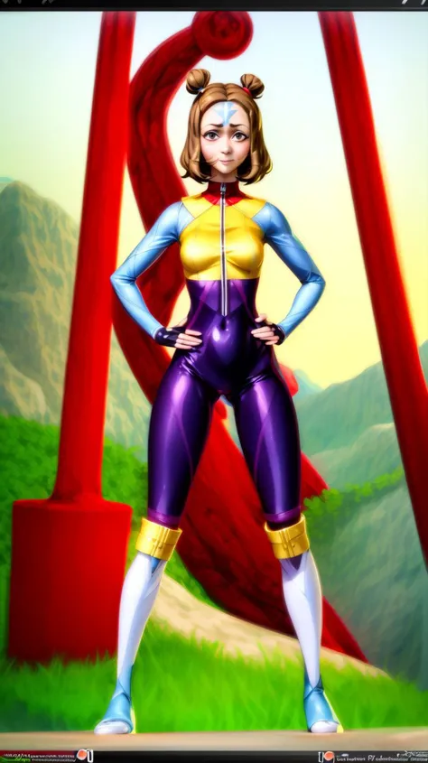 (full body shot, masterpiece, best quality, ultra-detailed, immaculate:1.3),
<lora:j1n0ra:0.8>,j1n0ra,blue-arrow forehead tattoo,arrow \(symbol\),brown eyes,short hair,single_bun,solo,female focus,smile,looking at viewer,yellow collar,red bodysuit,grey sleeves,fingerless gloves,red pants,knee boots,standing,hands on hips,latex bodysuit,shiny,tight,
<lora:add_detail:1>,
(temple, shrine),mountains,cloudy,hills,