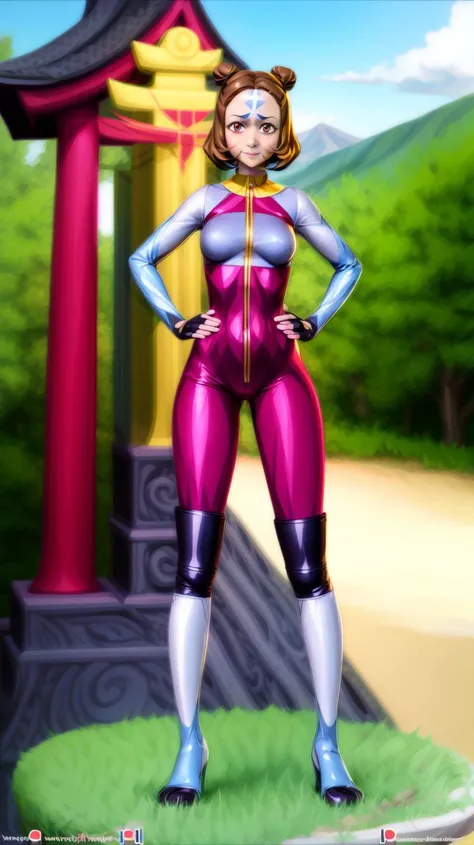 (full body shot, masterpiece, best quality, ultra-detailed, immaculate:1.3),
<lora:j1n0ra:0.8>,j1n0ra,blue-arrow forehead tattoo,arrow \(symbol\),brown eyes,short hair,single_bun,solo,female focus,smile,looking at viewer,yellow collar,red bodysuit,grey sleeves,fingerless gloves,red pants,knee boots,standing,hands on hips,latex bodysuit,shiny,tight,
<lora:add_detail:1>,
(temple, shrine),mountains,cloudy,hills,
