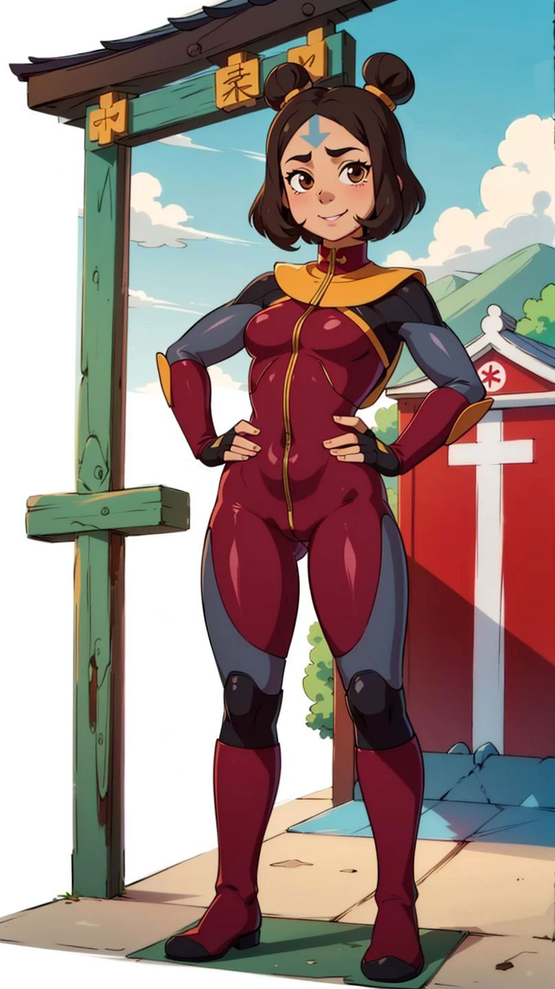 (full body shot, masterpiece, best quality, ultra-detailed, immaculate:1.3),
<lora:j1n0ra:0.8>,j1n0ra,blue-arrow forehead tattoo,arrow \(symbol\),brown eyes,short hair,single_bun,solo,female focus,smile,looking at viewer,yellow collar,red bodysuit,grey sleeves,fingerless gloves,red pants,knee boots,standing,hands on hips,latex bodysuit,shiny,tight,
(temple, shrine),mountains,cloudy,hills,