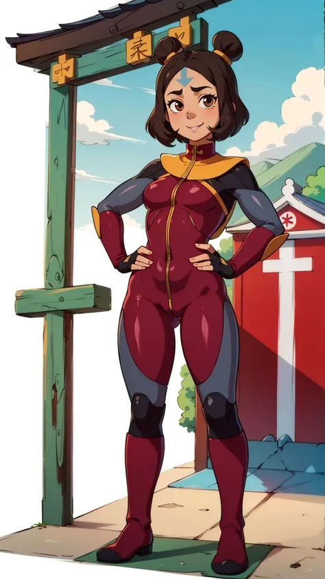 (full body shot, masterpiece, best quality, ultra-detailed, immaculate:1.3),
<lora:j1n0ra:0.8>,j1n0ra,blue-arrow forehead tattoo,arrow \(symbol\),brown eyes,short hair,single_bun,solo,female focus,smile,looking at viewer,yellow collar,red bodysuit,grey sleeves,fingerless gloves,red pants,knee boots,standing,hands on hips,latex bodysuit,shiny,tight,
(temple, shrine),mountains,cloudy,hills,