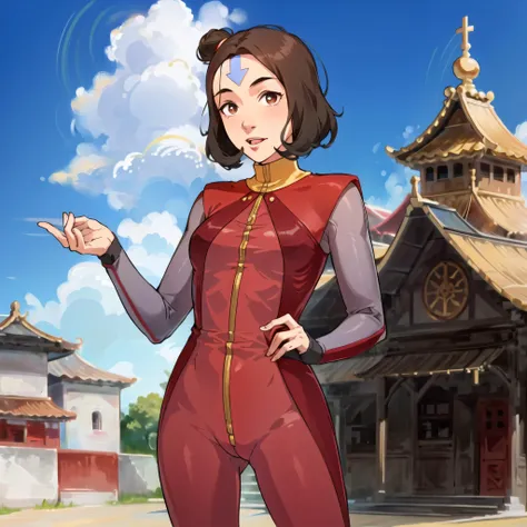 (temple, gorgeous view)
(cowboy shot), sfw,  (masterpiece), (best quality:1.0), (ultra highres:1.0), detailed eyes, detailed clothing texture, beautiful face, Jinora posing, (wingsuit), two-tone red and yellow outfit
blue-arrow forehead tattoo
 <lora:Jinora_TLOK_V2:0.8>