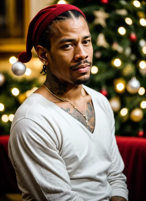 RAW photo of 20 years old alleniverson-ti, natural lighting, 8k uhd, dslr, high quality, film grain, Fujifilm XT3, <lora:add_detail:0.7>, by Peter Lindbergh, christmas theme, young, masculine