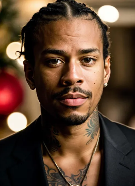 RAW photo of 20 years old alleniverson-ti, natural lighting, 8k uhd, dslr, high quality, film grain, Fujifilm XT3, <lora:add_detail:0.7>, by Peter Lindbergh, christmas theme, young, masculine