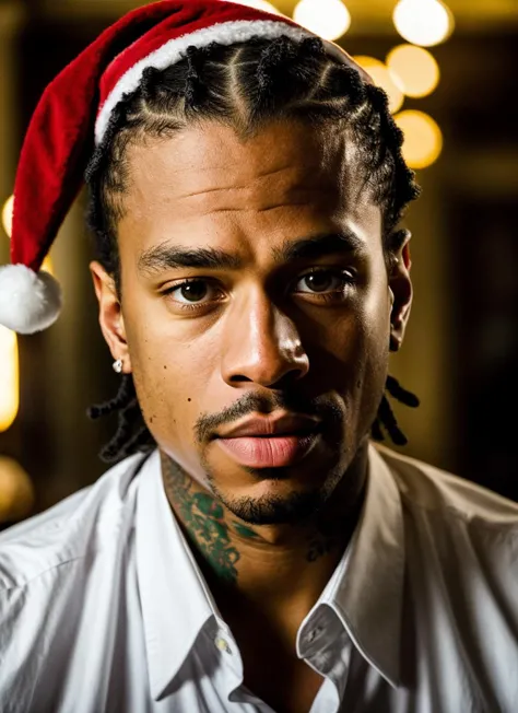 RAW photo of 20 years old alleniverson-ti, natural lighting, 8k uhd, dslr, high quality, film grain, Fujifilm XT3, <lora:add_detail:0.7>, by Peter Lindbergh, christmas theme, young, masculine